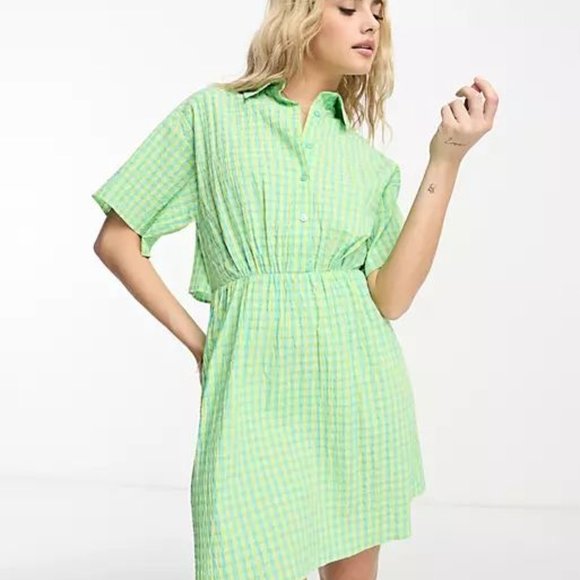 NWT ASOS DESIGN cut out back shirt mini dress with seersucker green and yellow c - Picture 4 of 5